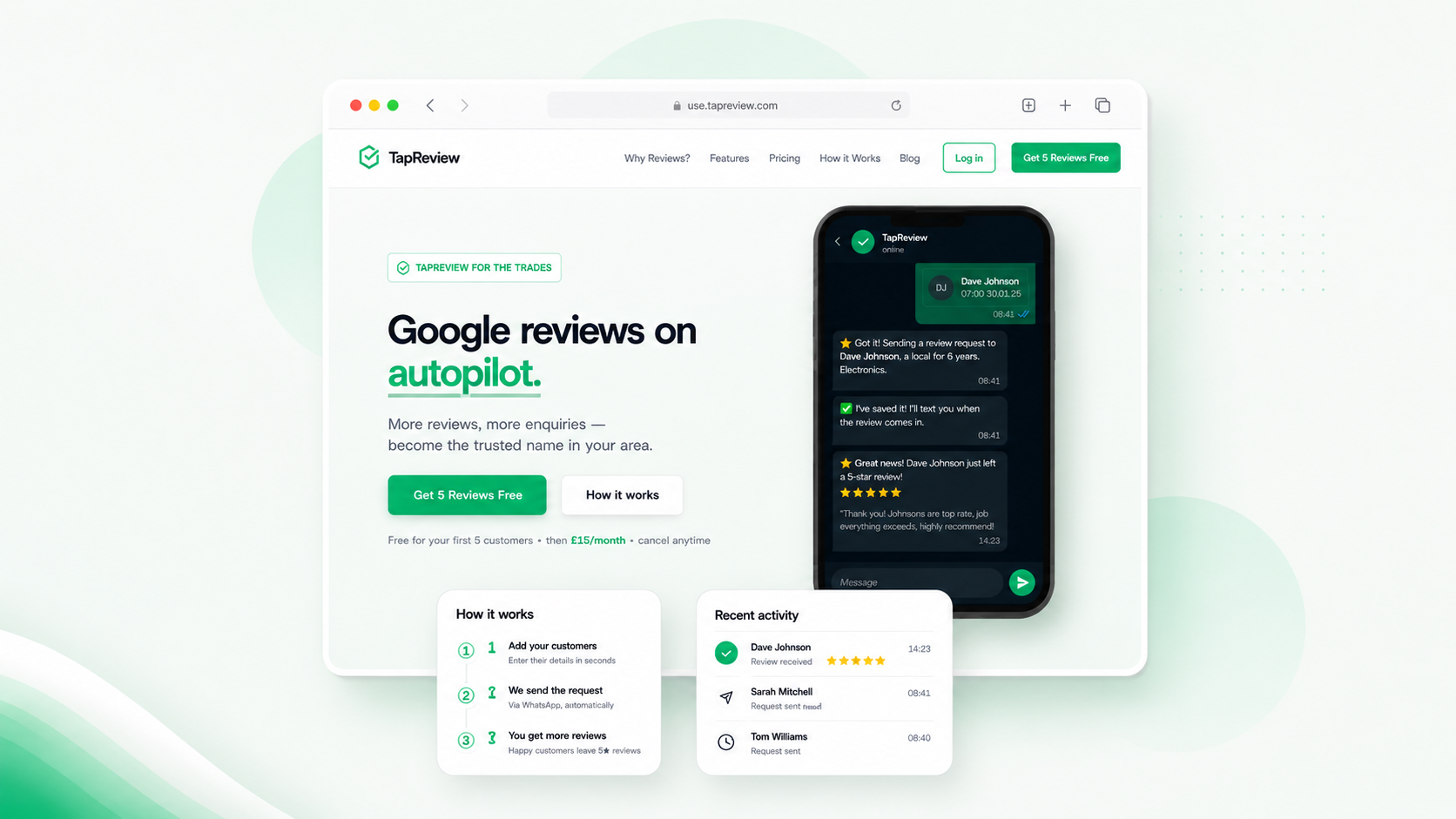 TapReview homepage showing the 'Google reviews on autopilot' hero and a WhatsApp review-request conversation on a phone
