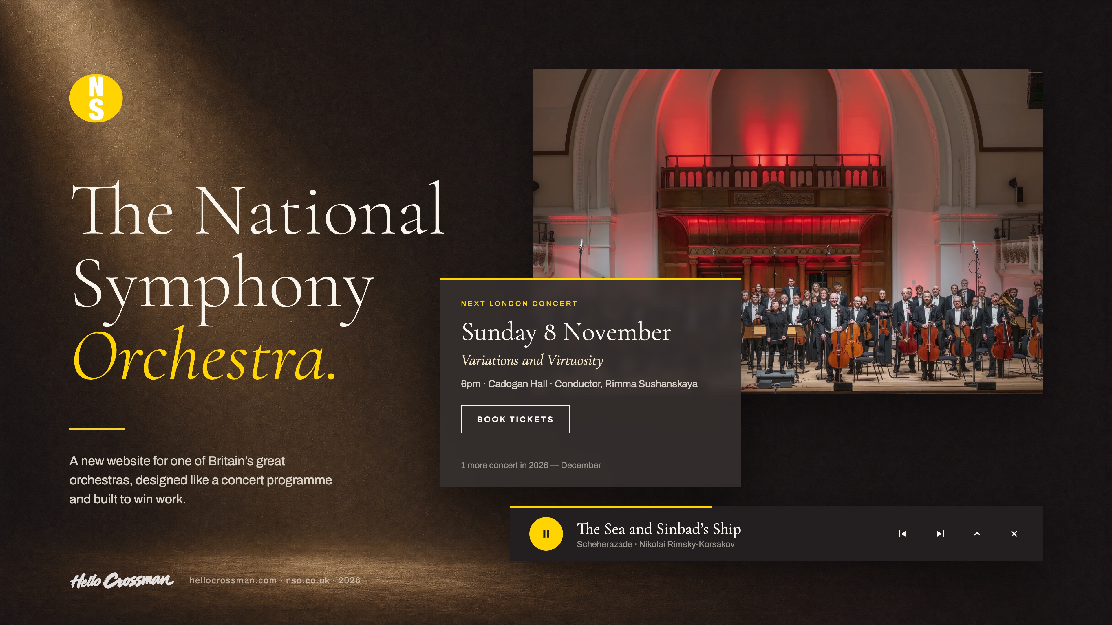 The National Symphony Orchestra name set large beside a photo of the orchestra at Cadogan Hall, the next-concert card and the audio player