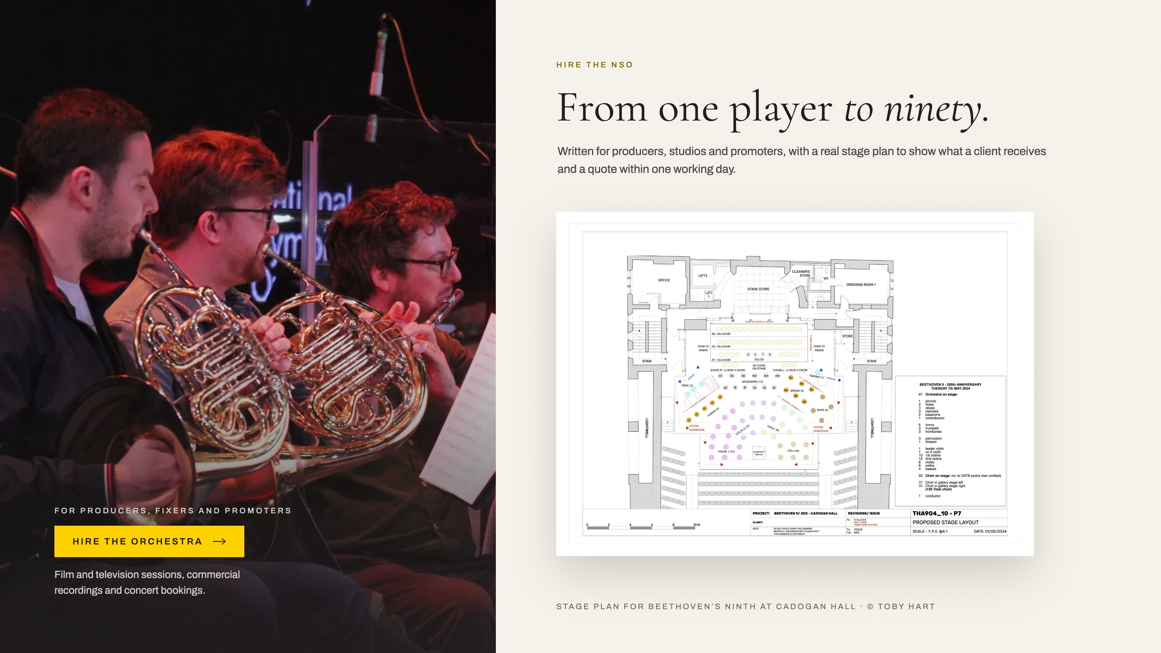 The orchestra's horn section playing, a 'Hire the orchestra' button, and a stage plan for Beethoven's Ninth at Cadogan Hall