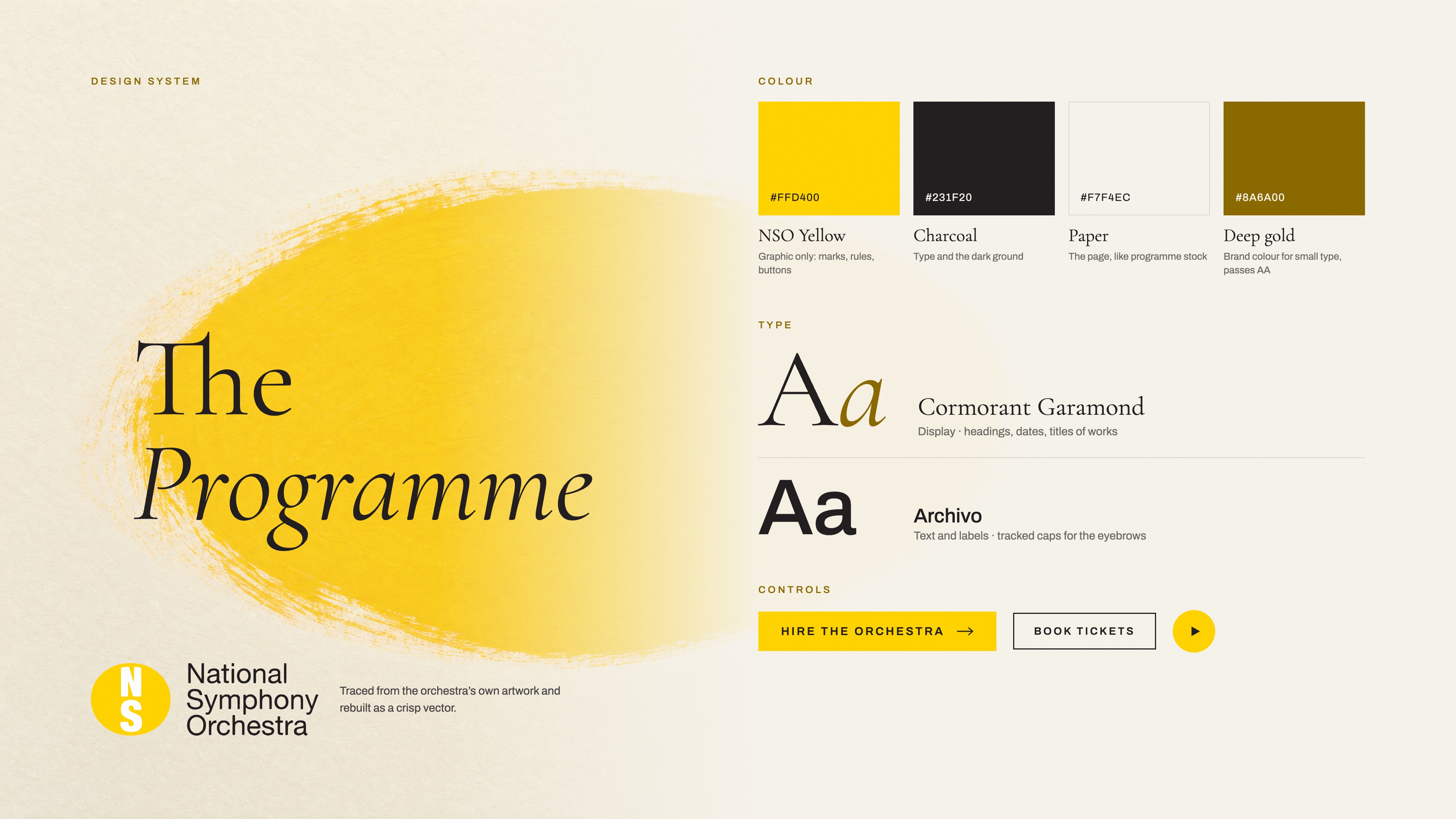 The NSO design system: a yellow brushstroke, colour swatches, Cormorant Garamond and Archivo type specimens, and buttons
